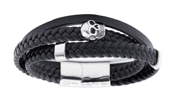 Black Leather Skull Wrap Bracelet 