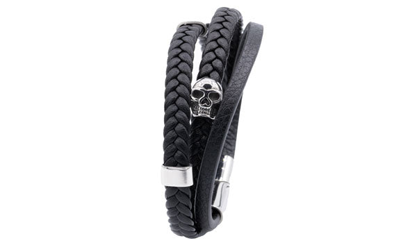 Black Leather Skull Wrap Bracelet