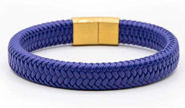Alt=Blue Leather Bracelet Gold Clasp