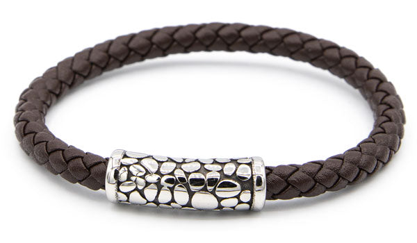 Alt=Brown Leather Bracelet with Stainless Steel Designed Magnetic Clasp.