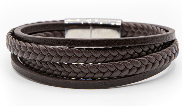 Alt=Brown Leather layered bracelet.