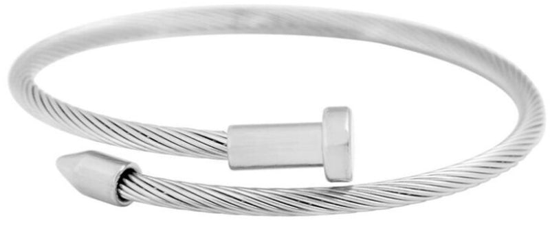 silver stainless steel cable wire nail design bracelet completely adjustable by pulling the ends of the nail to your liking hand wrapped using four feet of cable wire designed and handmade by playhardlookdope free size one size fits most 