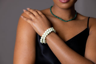 Woman wearing Lime Chrysoprase Natural Gemstone Bracelet