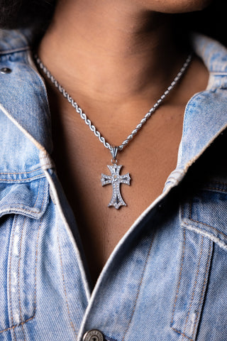 Woman wearing Silver Studded Cross Necklace