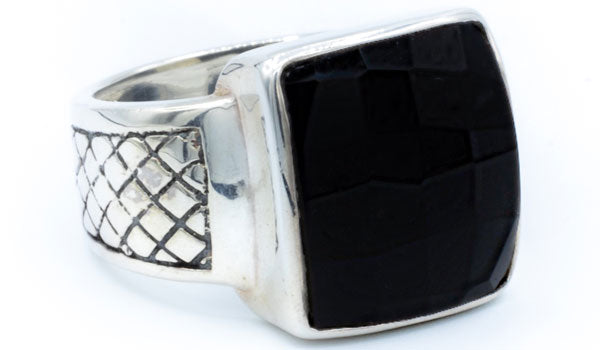 Men's Sterling Silver Faceted Onyx Gemstone Signet Ring