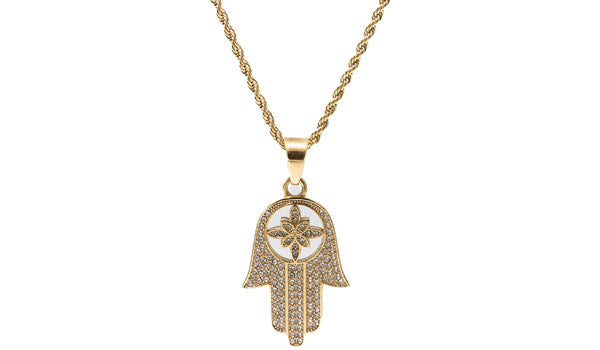 Gold Large Crystal Hand Of Fatima Necklace