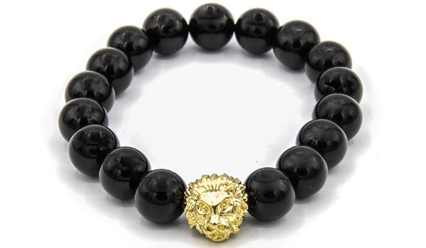 Gold lion head Onyx beaded bracelet