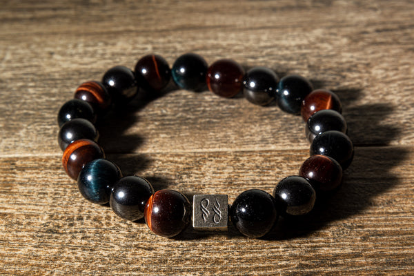 Hematite, Red Tigers Eye & Blue Tigers Eye Natural Gemstone Centerpiece Bracelet