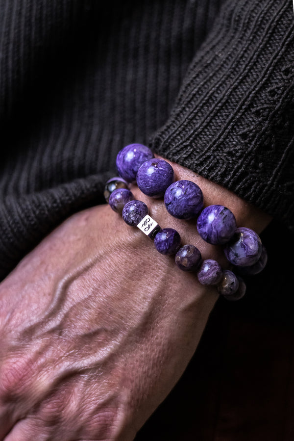 Man wearing Charoite Natural Gemstone Centerpiece Bracelet