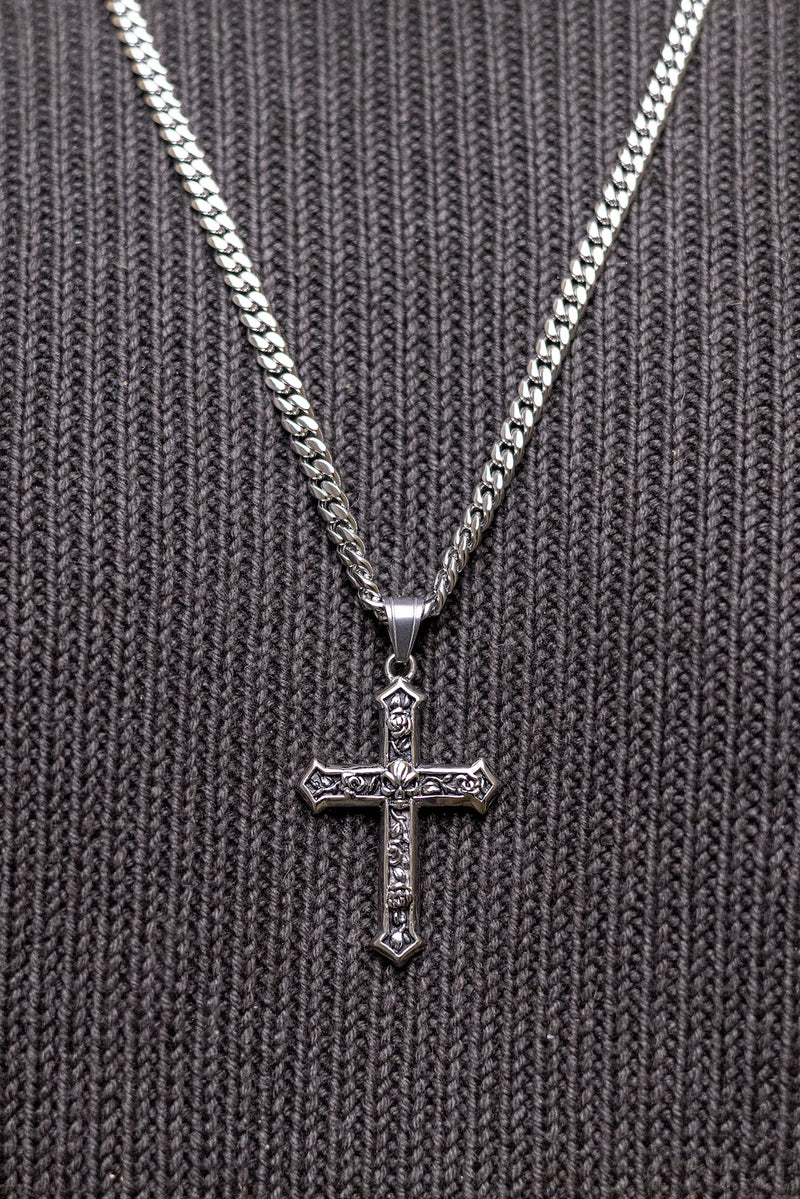Silver Gothic Hearts & Roses Cross Necklace lifestyle