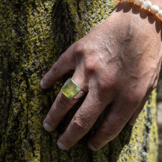 Man wearing Men's Sterling Silver Prehnite Signet Ring
