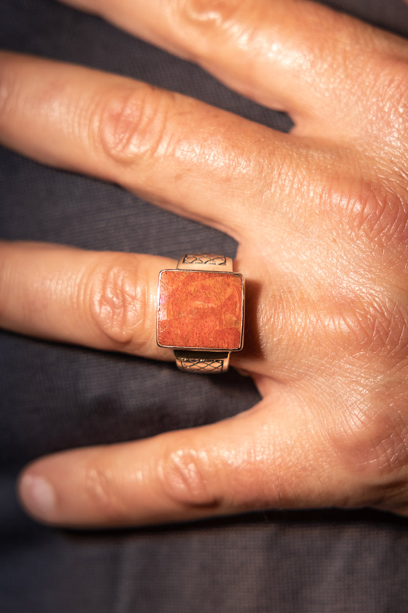 Men's Sterling Silver Red Coral Signet Ring