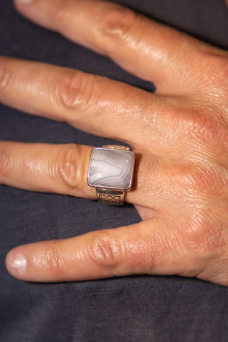 Men's Sterling Silver Botswana Agate Gemstone Signet Ring