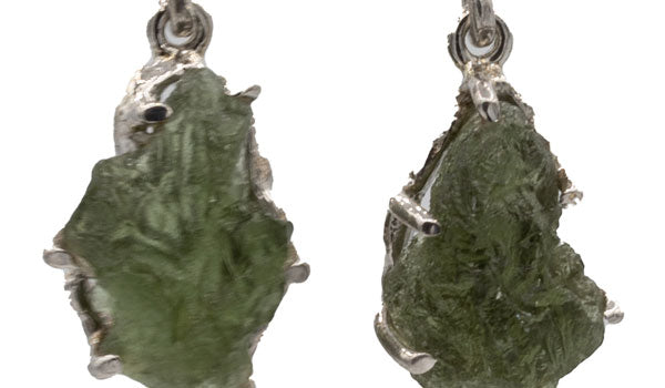 Moldaite earrings close up.