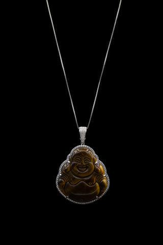 Sterling Silver Tigers Eye Sitting Buddha Necklace full length