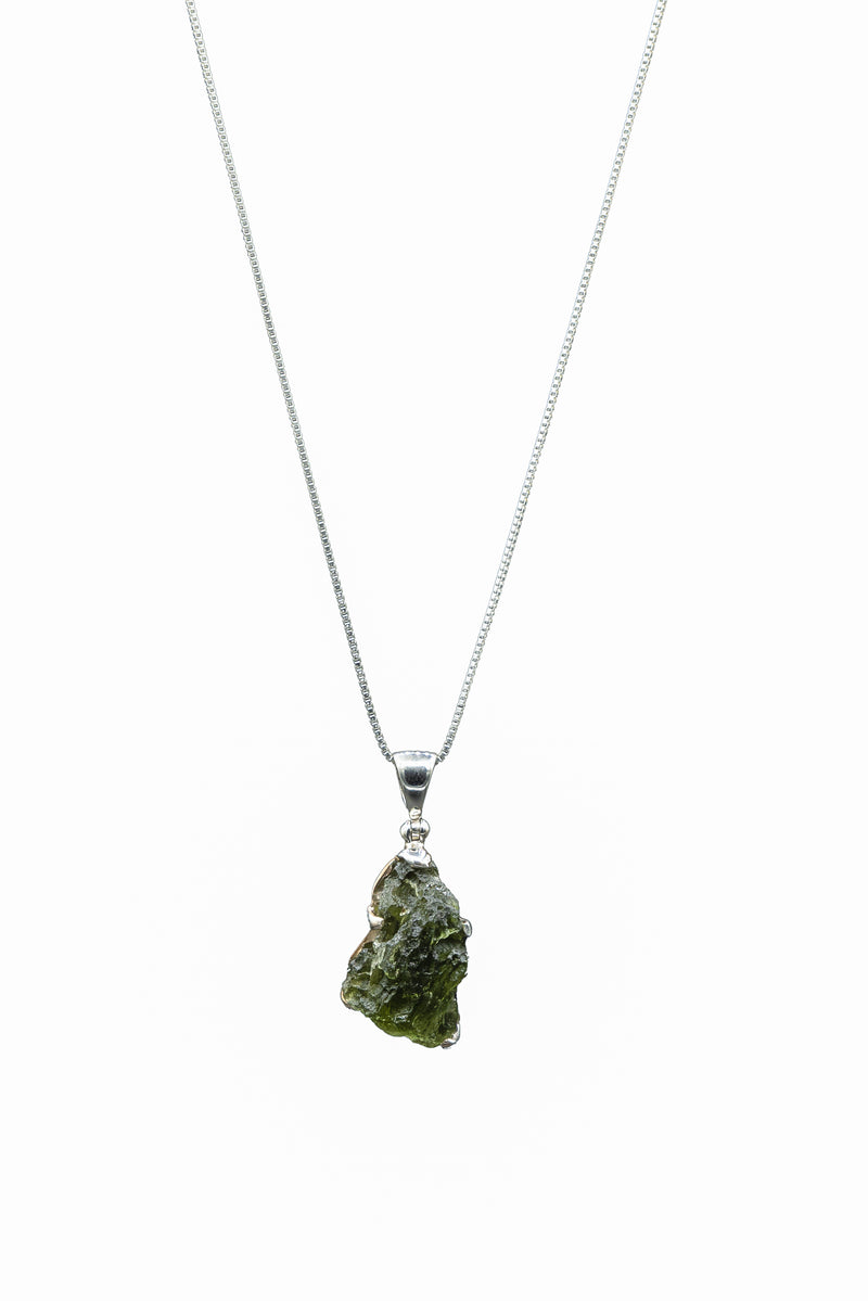 Sterling Silver Kite-Shaped Spiritual Moldavite Necklace full length