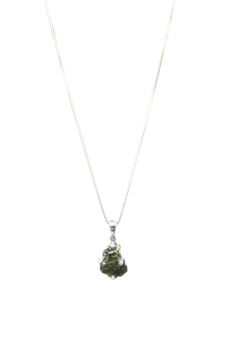 Sterling Silver Adjustable Mini Half-Moon Shaped Moldavite Necklace full length