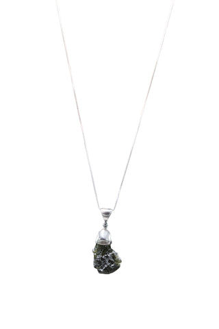Sterling Silver Adjustable Large Bell-Shaped Moldavite Necklace full length