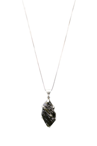 Sterling Silver Adjustable Oversized Leaf-Shaped Moldavite Necklace Full length