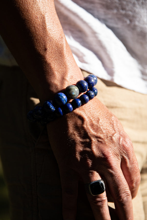 Alt= Male model wearing Lapis Lazuli Natural Gemstone Bracelet