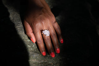 Alt= Model wearing Kunzite Gemstone Sterling Silver adjustable ring.