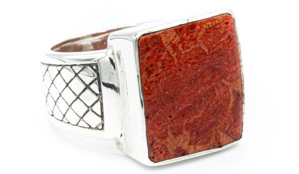 Sterling Silver Red Coral Signet Ring