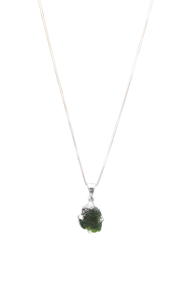 Sterling Silver Adjustable Semi-Round Disk Shaped Moldavite Necklace full length
