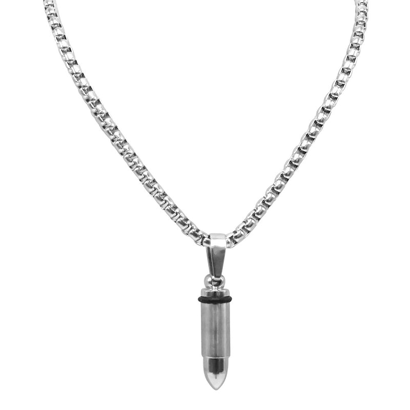 silver 316L high- grade stainless steel bullet pendant necklace with a silver box chain and a lobster claw clasp chain is twenty four inches in length and bullet is approximately one inch long handmade and tarnish free men's fashion jewelry