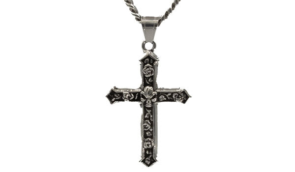 Silver Gothic Hearts & Roses Cross Necklace