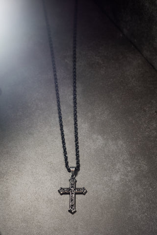 Silver & Black Hearts & Roses Cross Necklace