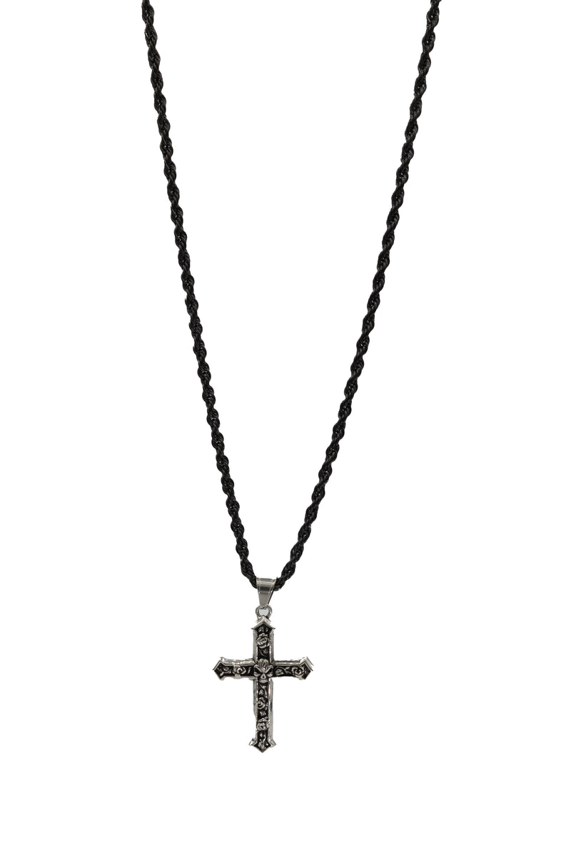 Silver & Black Hearts & Roses Cross Necklace Full length