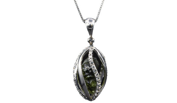 Sterling Silver Crystal Caged Moldavite Necklace close up