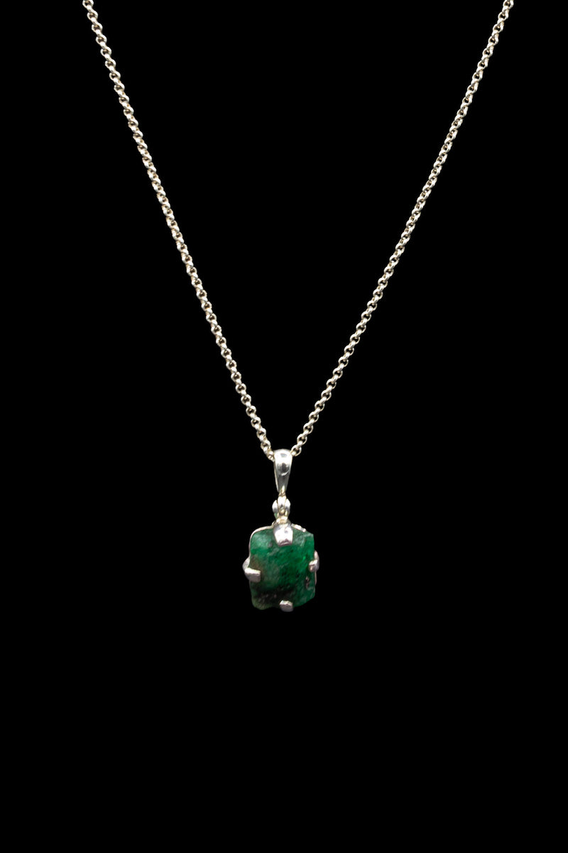 Sterling Silver Raw Emerald Necklace full length