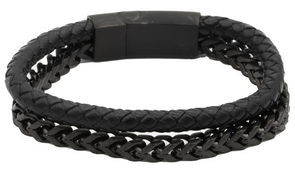 Black Leather and Black Stainless Steel Men's Bracelet.