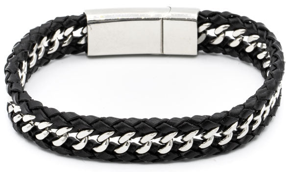 Braided leather bracelet with curb chain in the middle.