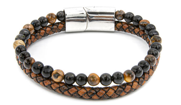 Brown Tigers Eye Natural Stone Leather Stack Bracelet feature img