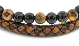Brown Tigers Eye Natural Stone Leather Stack Bracelet close up img