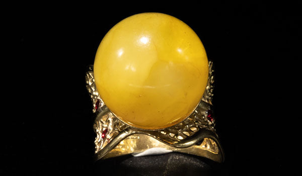 Luxury Sterling Silver Gold Butterscotch Amber & Ruby Gemstone Ball Ring
