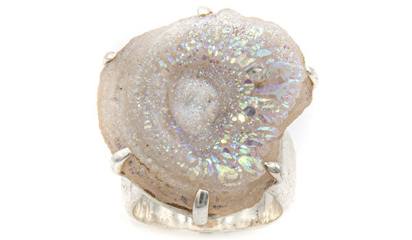 sterling silver crystal quartz drusy adjustable ring front view