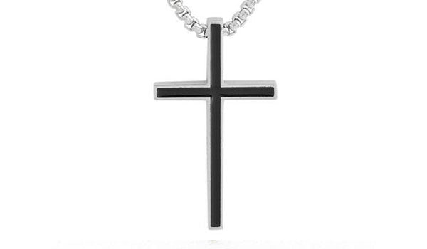 sleek silver and black cross necklace close up  img