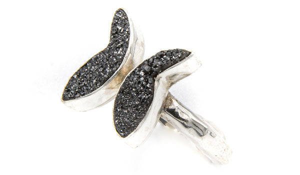 Sterling Silver Black Drusy Butterfly Adjustable Ring feature img