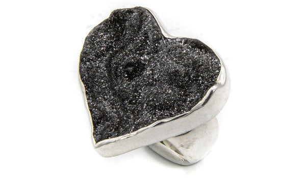 Sterling Silver Black Drusy Heart Adjustable Ring feature img