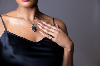 Woman wearing Sterling Silver Adjustable Oversized Moldavite Necklace