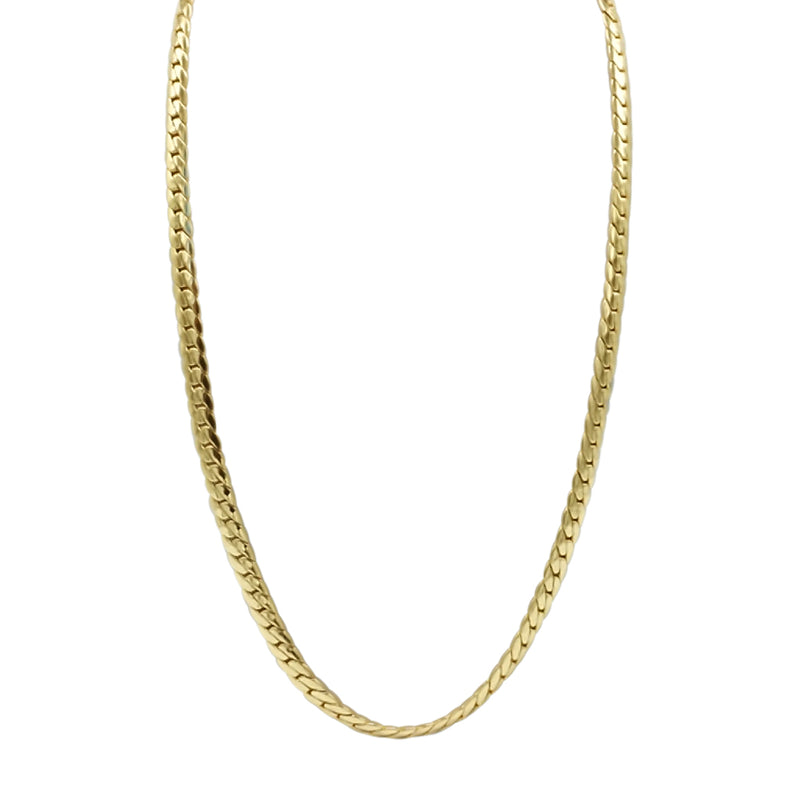 gold stainless steel herringbone chain necklace with a lobster claw clasp. 24 inches in length and 4mm wide