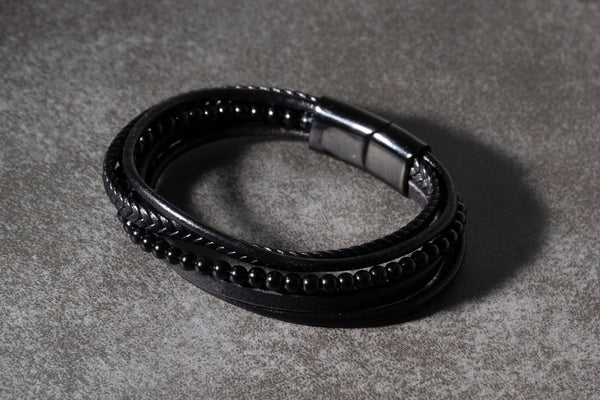 Black Leather & Onyx Gemstone Wrap Bracelet