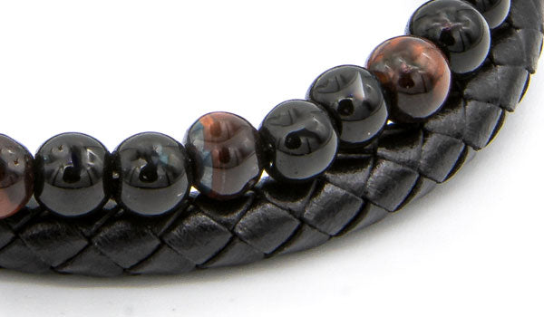 Red Tigers Eye Natural Stone Leather Stack Bracelet close up img
