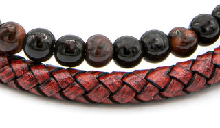 Red Tigers Eye Natural Stone Red Leather Stack Bracelet close up img