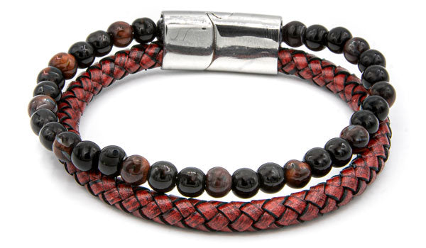 Red Tigers Eye Natural Stone Red Leather Stack Bracelet feature img