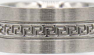 Alt= Silver Greek Key ring close up.