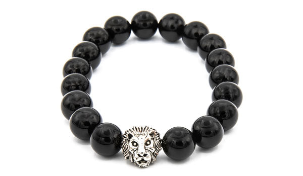 Silver Lion head Onyx bead bracelet